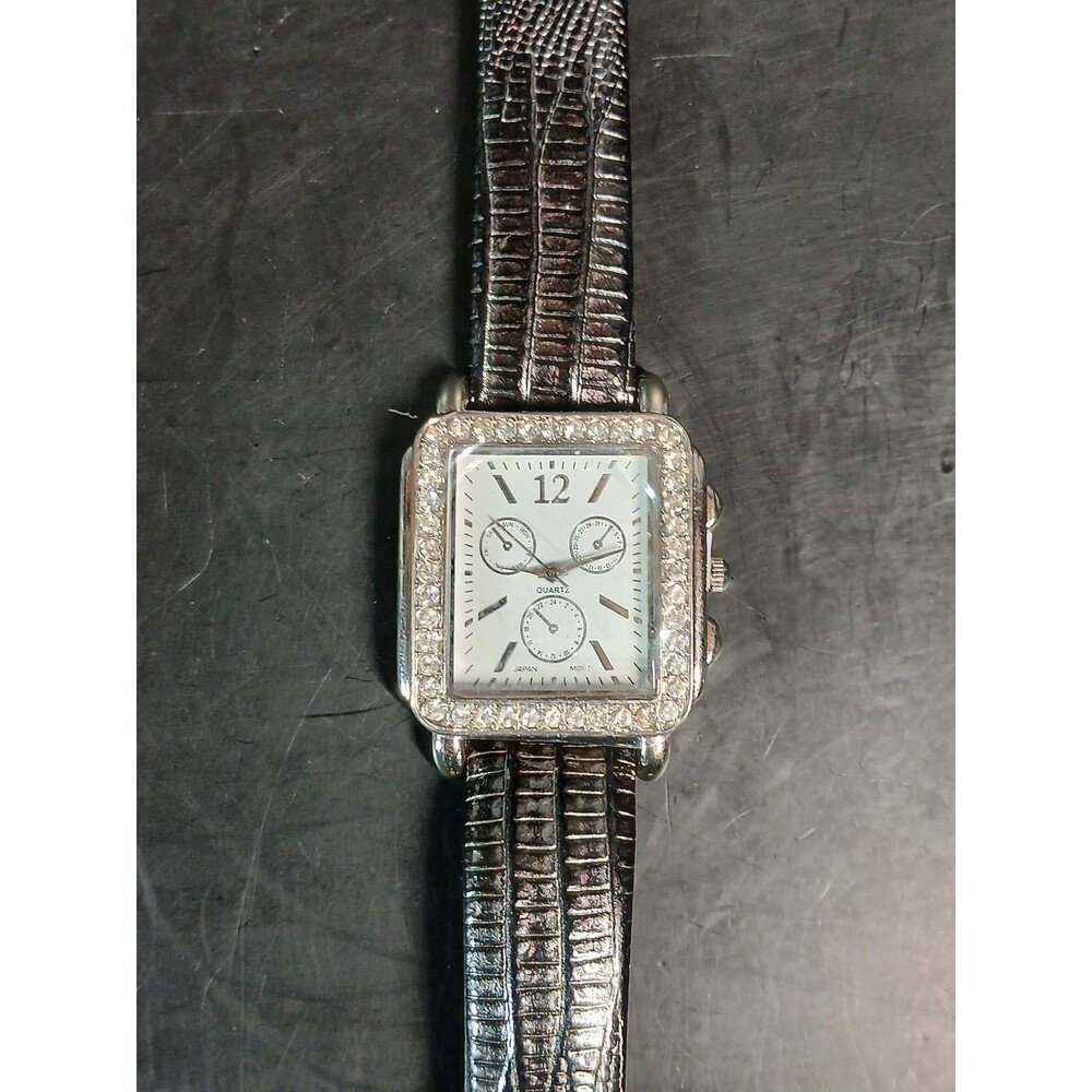 Crystal Bezel Quartz Watch Brown Faux Leather Strap New Battery